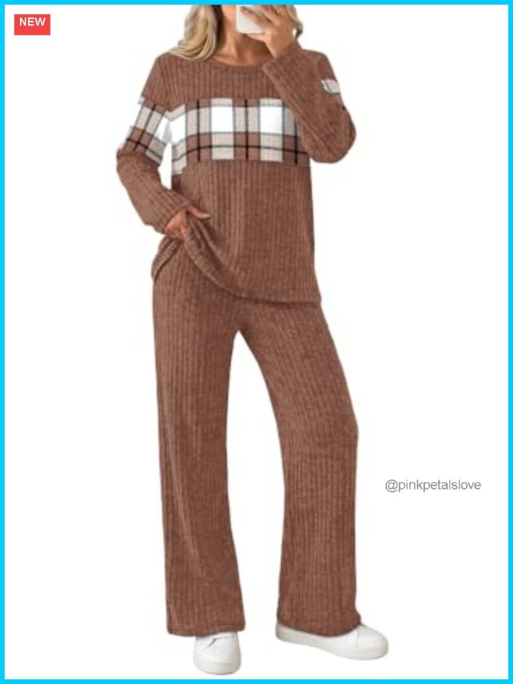 WIHOLL Two Piece Outfit Wide Leg Lounge Set V-Neck Dropped Shoulder